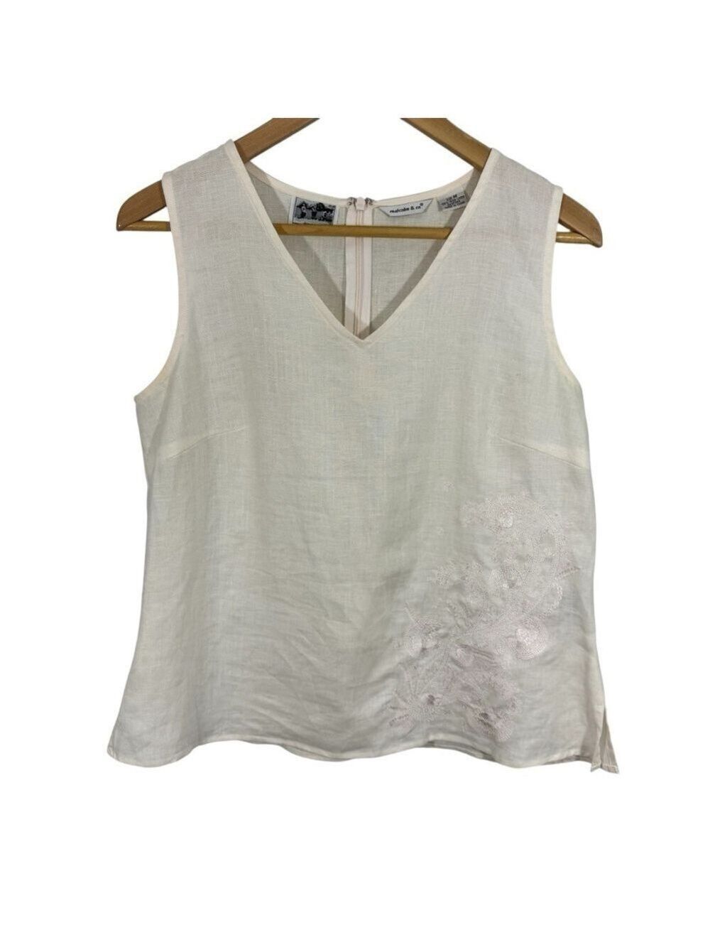 Malcolm & Co. 100% Irish Linen Sleeveless Top Sz M Cream Embroidered Tank Top